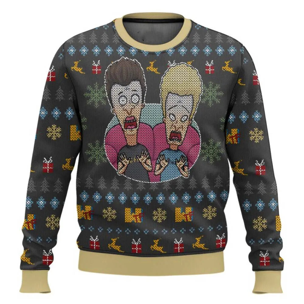 Xmas Rock Beavis and Butthead Ugly Christmas Sweater Cartoon Anime Women Men Pullover Tops New Fashion Couple Hoodie Sweatshirt BAZAARHUBO