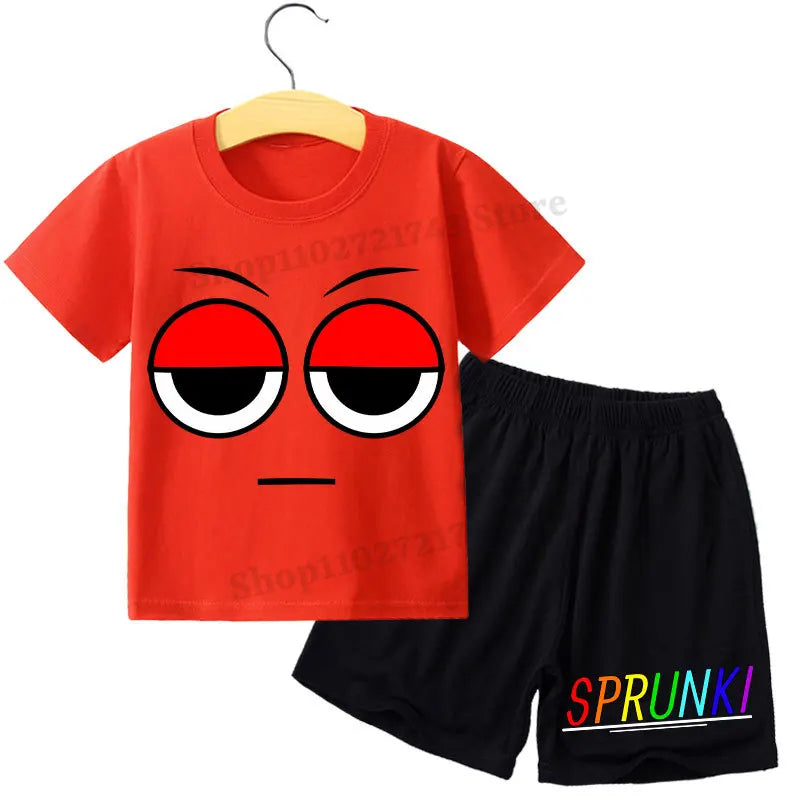 Kids 2 Piece Outfit Sprunki Red Face Character T-Shirt + Shorts Set Boys Girls 100% Cotton Casual Summer Pajamas Set