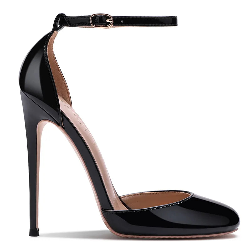 Black Patent Leather Women Ankle Strap Stiletto Pumps 10cm 12cm Professional High Heels Pointed Toe Sexy Summer Buckle Sandals