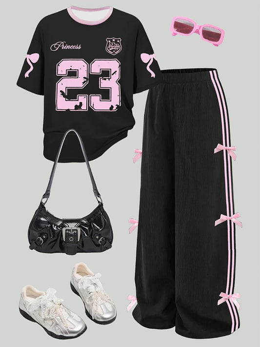 Kids Girls 2-Piece Casual Outfit, Black Pink Number 23 Bow Print Short Sleeve T-Shirt & Side Stripe Bow Decor Wide Leg Pants Set