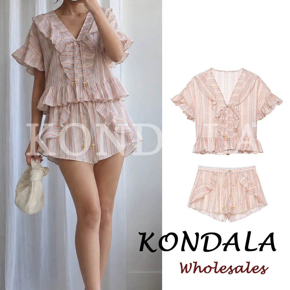 KONDALA Casual Striped Summer Woman Suits Lace-up V-Neck Shirt+ Drawstring Lace Shorts Fashion 2026 Female Elegant Tiered Sets
