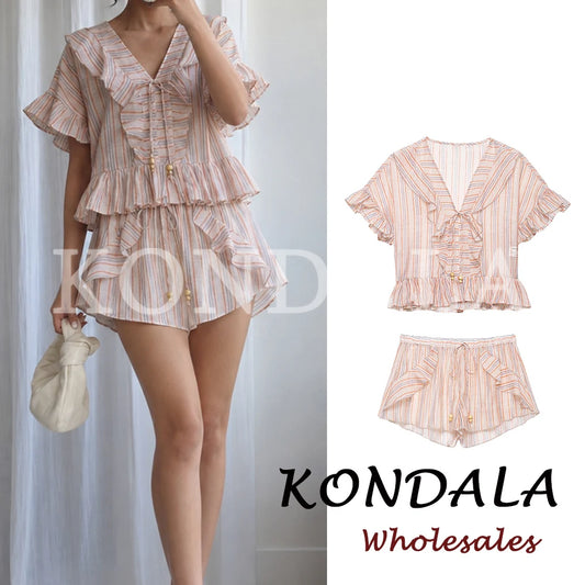 KONDALA Casual Striped Summer Woman Suits Lace-up V-Neck Shirt+ Drawstring Lace Shorts Fashion 2026 Female Elegant Tiered Sets