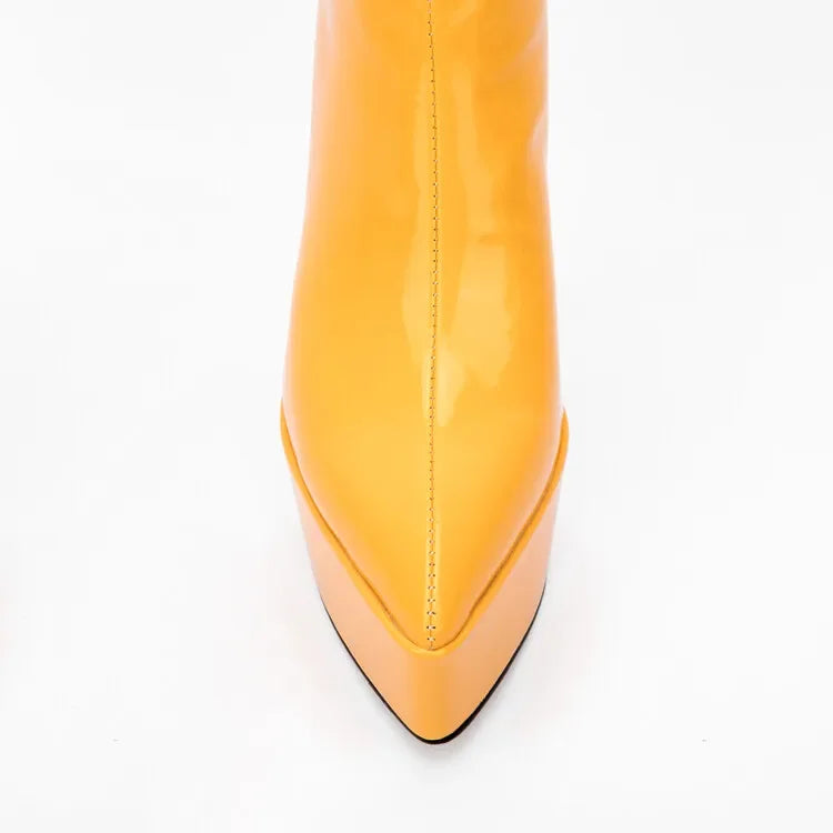 New Women Knee High Boots Patent Leather Pointed 15cm High Heels Winter Short Plush Waterproof Platform Girl Boots Large 34-45