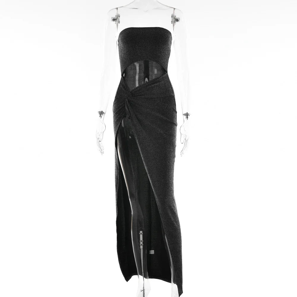 Cryptographic Summer Sexy Strapless Cut Out Slit Maxi Dress Elegant Outfits for Women Sleeveless Glitter Twist Dresses Vestido