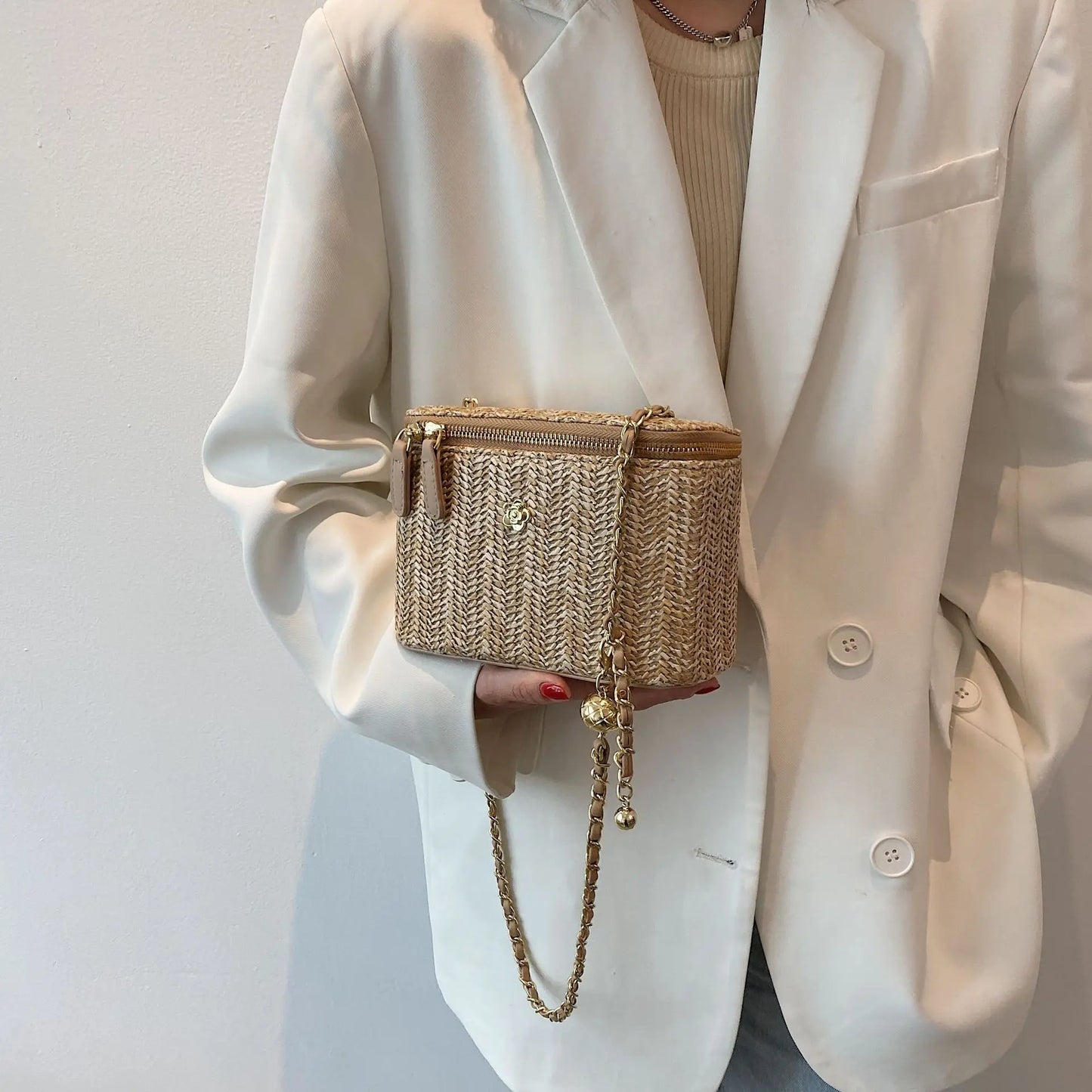 2023 Mini Straw Bucket Crossbody bag For Women Summer Weave Women's Brand Handbags And Purses Fashion Chain Simple Shoulder Bags