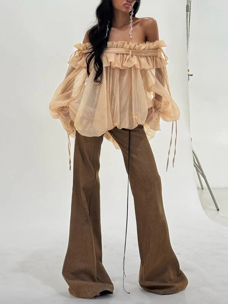 TWOTWINSTYLE Solid Patchwork Loose Casual Blouse For Women Slash Neck Long Sleeve Spliced Lace Up Shirts Female Fashion Style