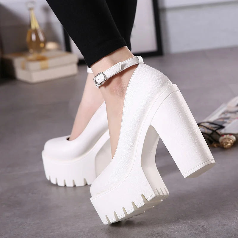 Gdgydh Women's Platform Chunky High Heels Ankle Buckle Strap Round Toe Non Slip Dress Pumps Mary Jane Lolita Pumps Punk Style
