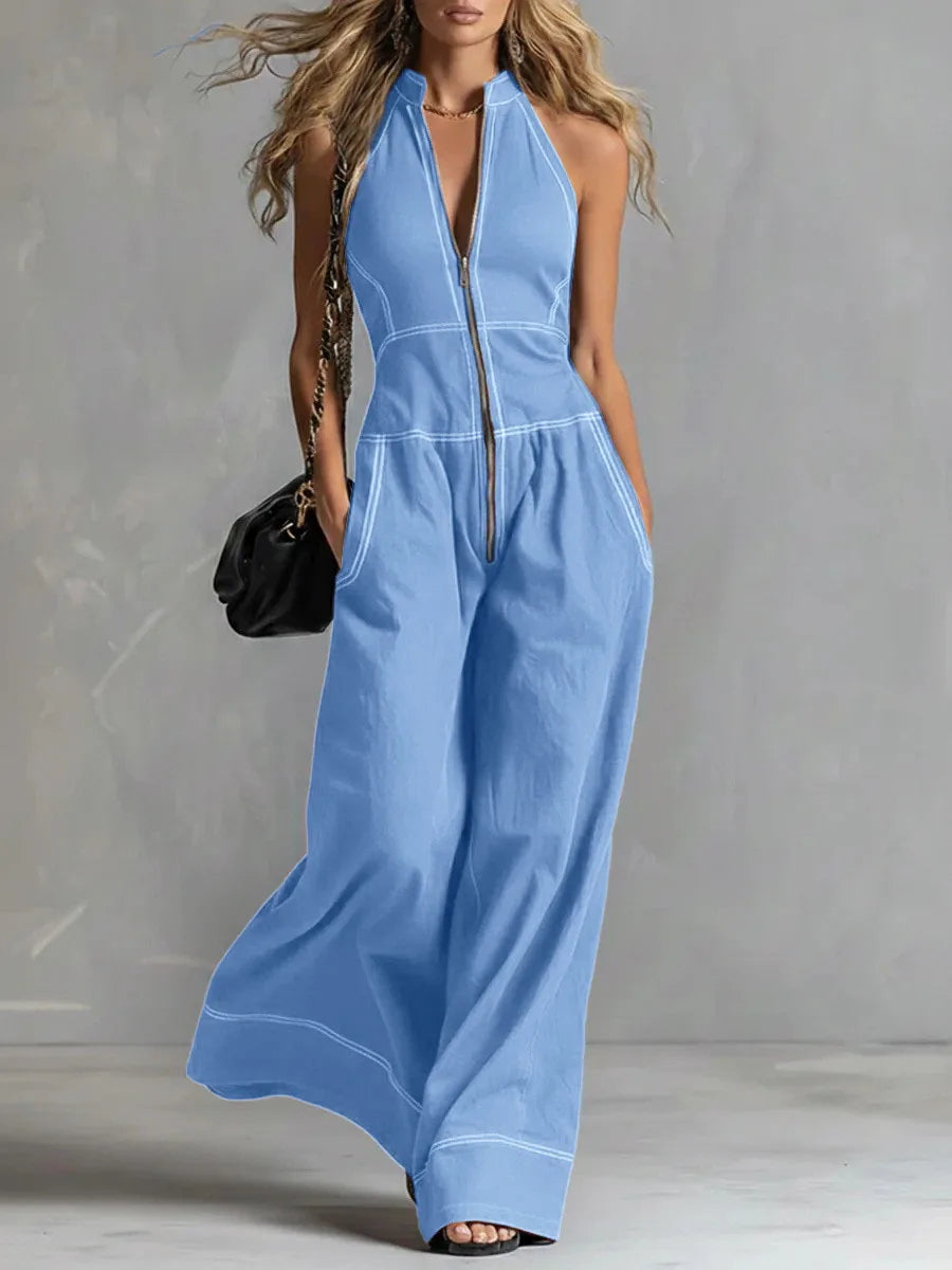 Spring Autumn Fashion Rompers Jumpsuit Women Loose Off-shoulder Zipper Pockets Wide Legs Trousers Overalls Sleeveless 64034