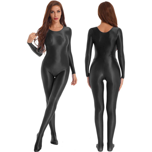 Women's Sexy Jumpsuits Long Sleeves Shapping Bodysuit Tight Elastic Oil Glossy Candy Color Unisex Leotard Exotic Club Clothing