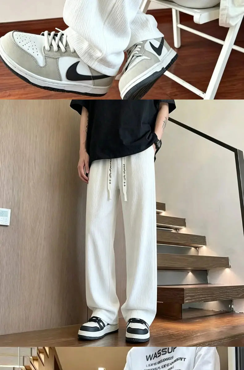 New Mens Wide Leg Pants Summer Loose Textured Casual Trousers Baggy Straight Relaxed Fit Streetwear Comfortable Pants