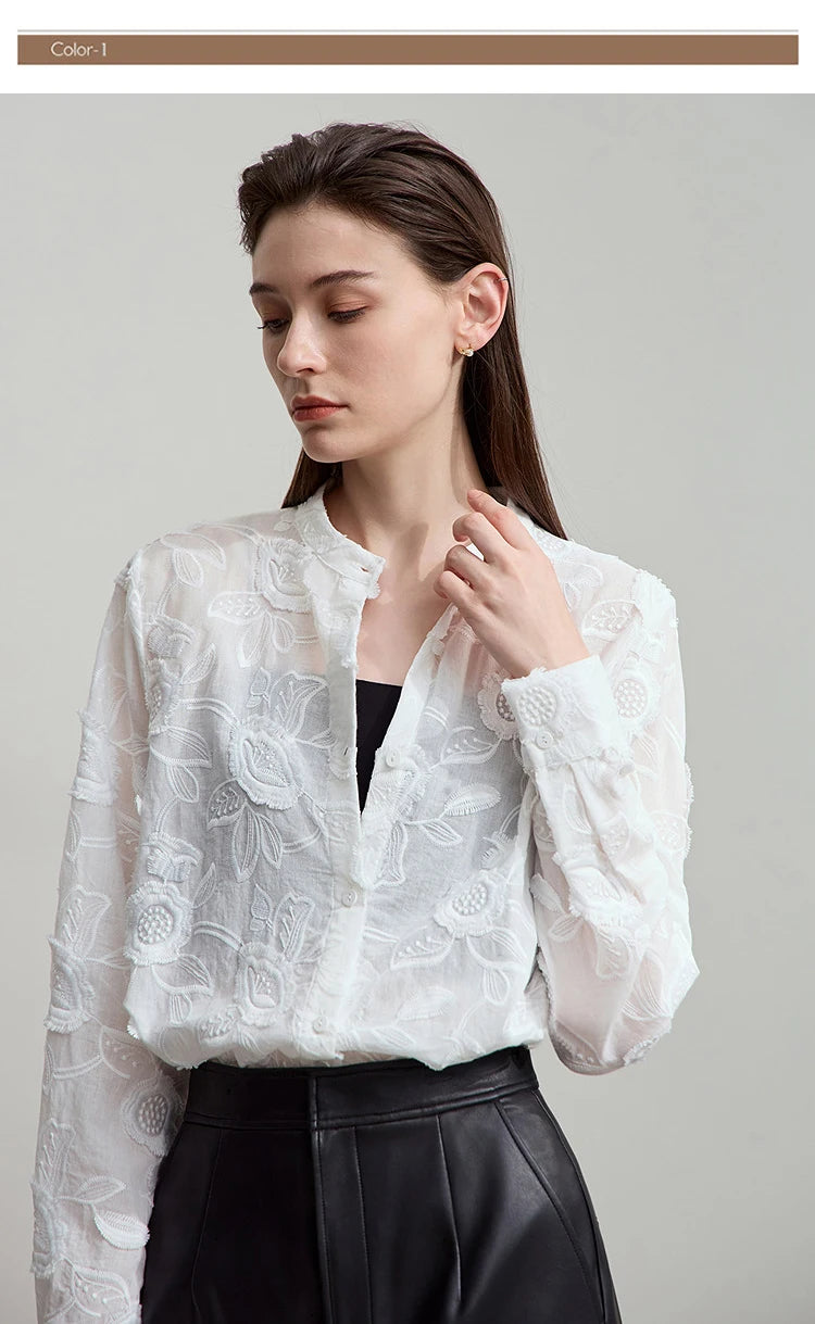 AMII 2025 Autumn New Elegant Embroidery Women's Shirt Stand Collar Wide Shoulder Office Lady Loose Blouses Women Tops 12543066
