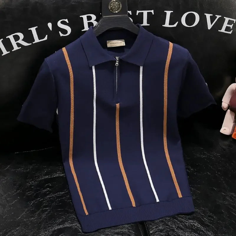 High-end Short-sleeved Men's British Retro Striped Slim Lapel Knitted Contrasting T-shirt 1/2 Pieces
