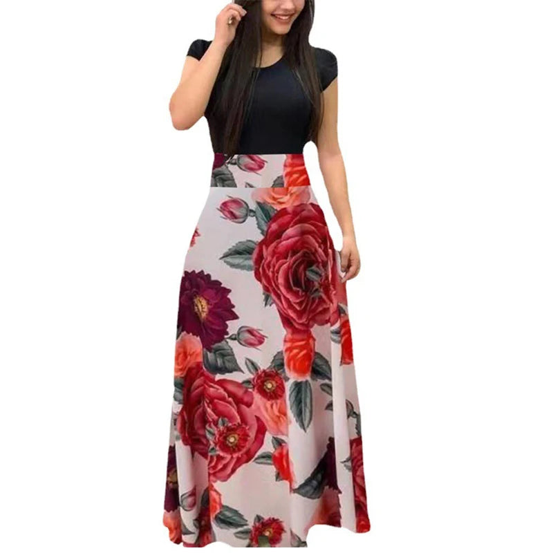 2024 European and American style flower print color matching short sleeved dress for women's large swing skirt