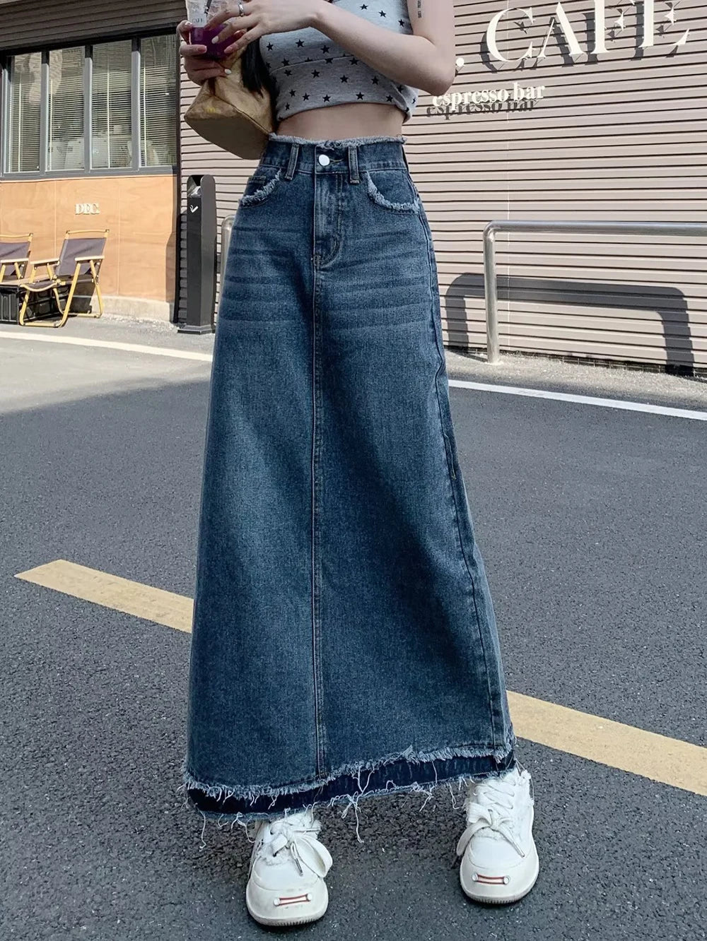 Summer Street Style Rough Edge Skirt Korean Version Women Retro Casual High-waisted A-line Skirt Temperament Loose Denim Skirts