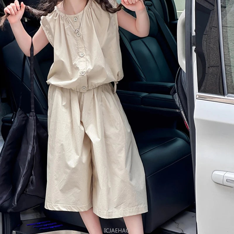 2025 Girls Summer Casual Outfit Big Kids Short Sleeve Top Capris Pants Two Piece Set Matching Big Kids Fashion Suit Holiday Wear