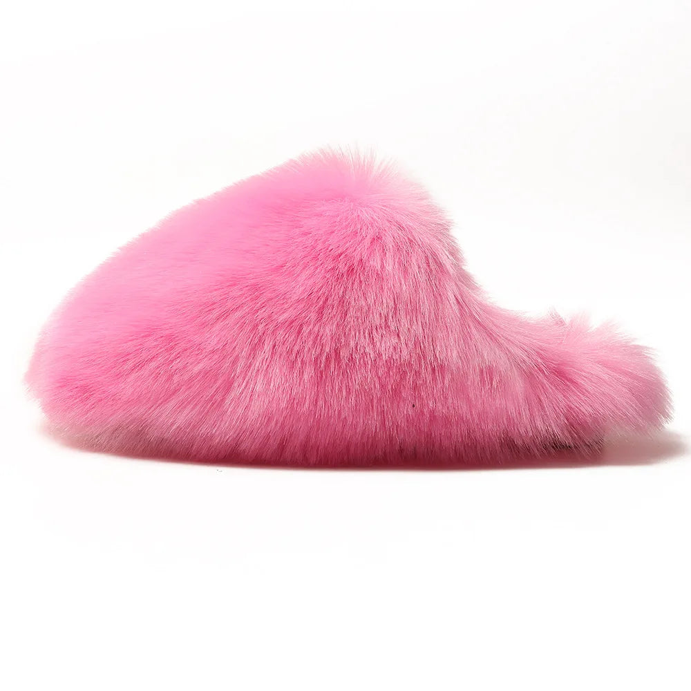 Ladies Winter High Quality Fox Fur Slippers Women Warm Fur Slides Girls Luxury Furry Slippers Soft Comfortable Home Cotton Shoes