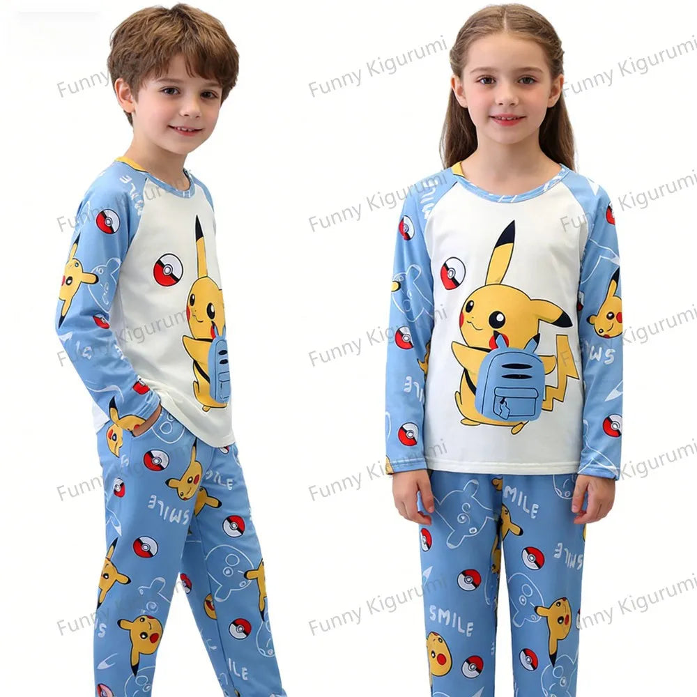 Cartoon Pijamas for Kids 3 to 5 7 9 11 13 Years Clothing Sets Boys Home Wear Girls Full Sleeve Pikachu Pajamas Teen Loungewear