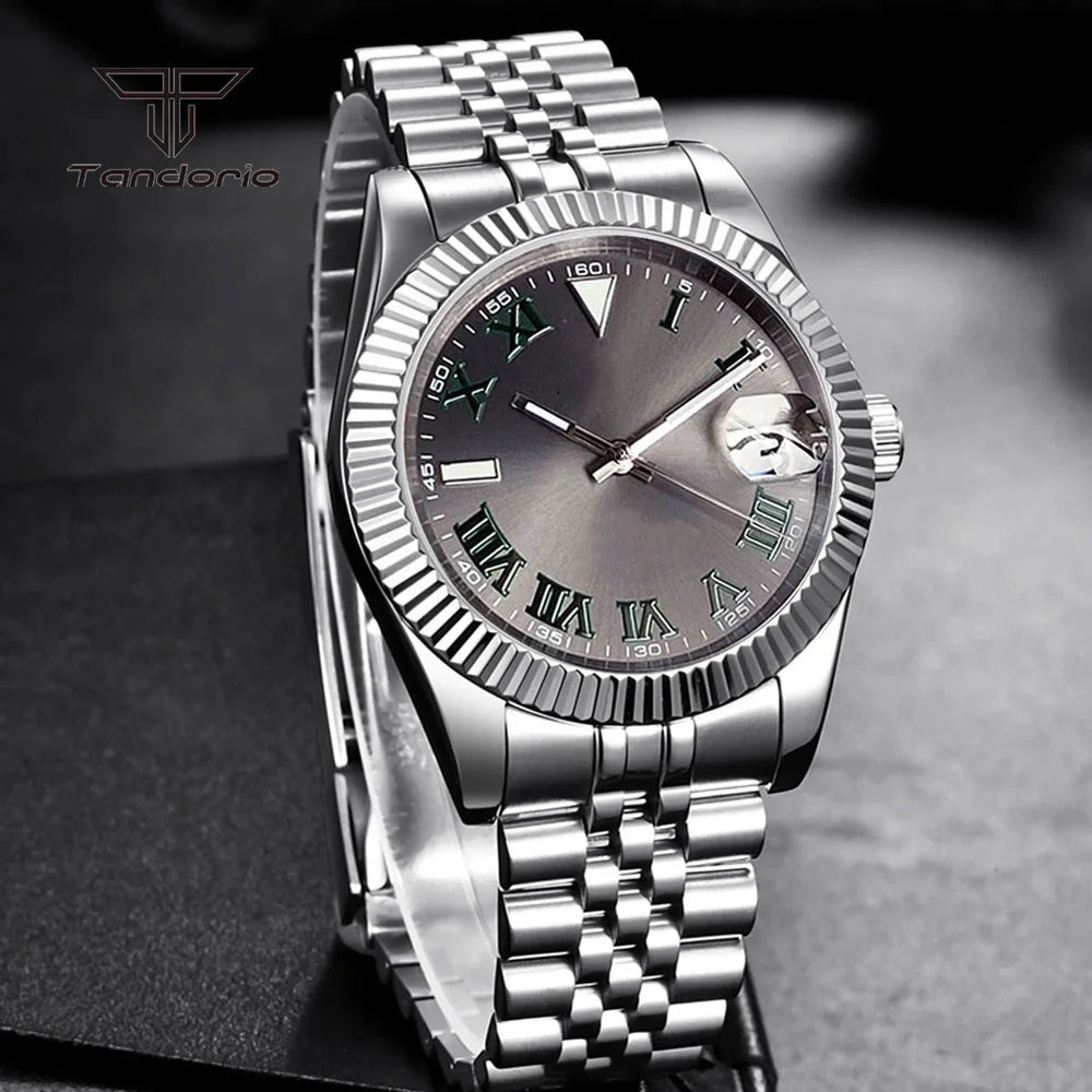 Tandorio Stainless Steel Automatic NH35 36mm/39mm Men's Watch Grey Sunburst Sapphire Roman Marks Mechanical Watches Date Lume