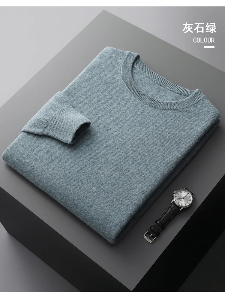 100% Merino Wool Sweater Men's O Neck Pullover Tops One-piece ready-to-wear Autumn Winter Solid Color Sweater Versatile Basic
