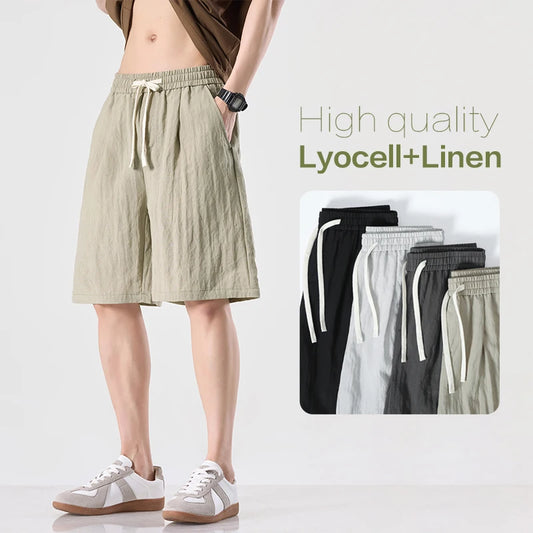 High Quality Summer Cozy Lyocell Linen Fabric Men's Casual Shorts Loose Elastic Waist Drawstring Minimalist Versatile Trousers