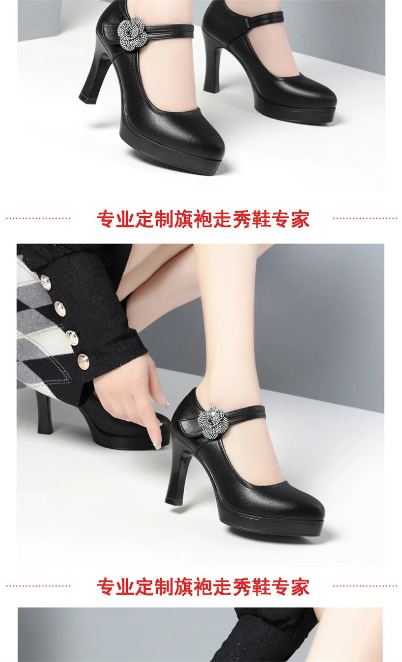 Women's Pumps Pointed Toe Office Soft Leather Flower Buckle Strap Platform High Heels Four Season Shallow Mouth Single Shoes