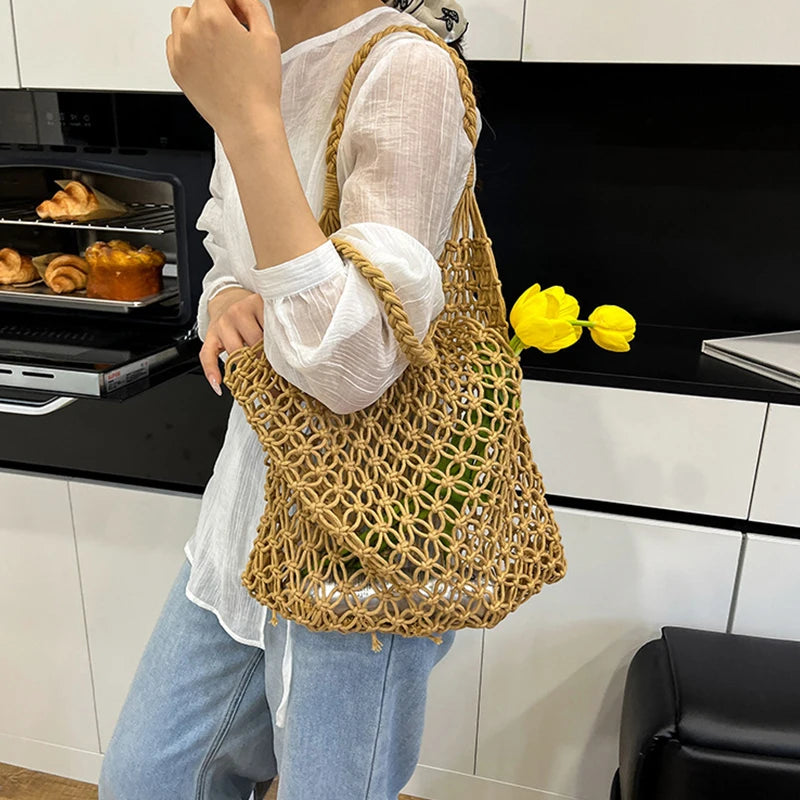 Hand-Woven Bag Women Handmade Hollow Handbag Female Shoulder Bag Big Capacity Summer Casual Travel Beach Tote Purse