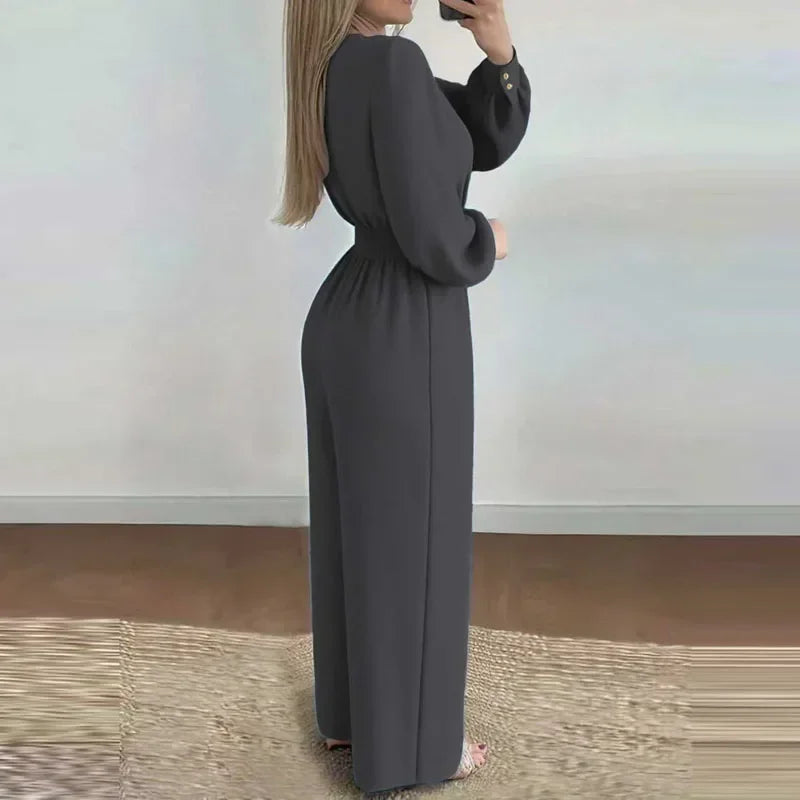 V Neck Solid Long Jumpsuits Fashion Commuting Belt Lace-Up Puff Sleeves Wide Legger Romper Casual Long Sleeve Women's Playsuit