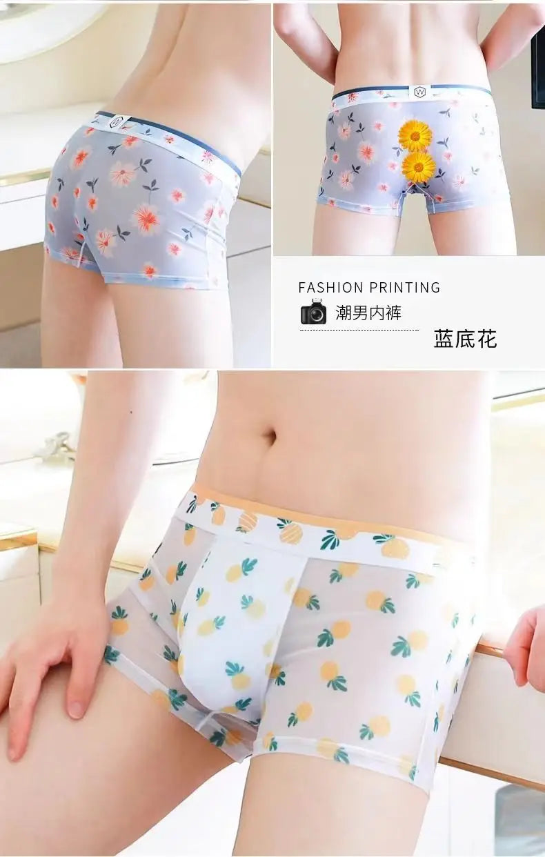 1pcs Sexy Mesh Boxer Men Underwear See Through Transparent Shorts Male Print Panties Plus Size Underpants U Convex Lingerie 6XL