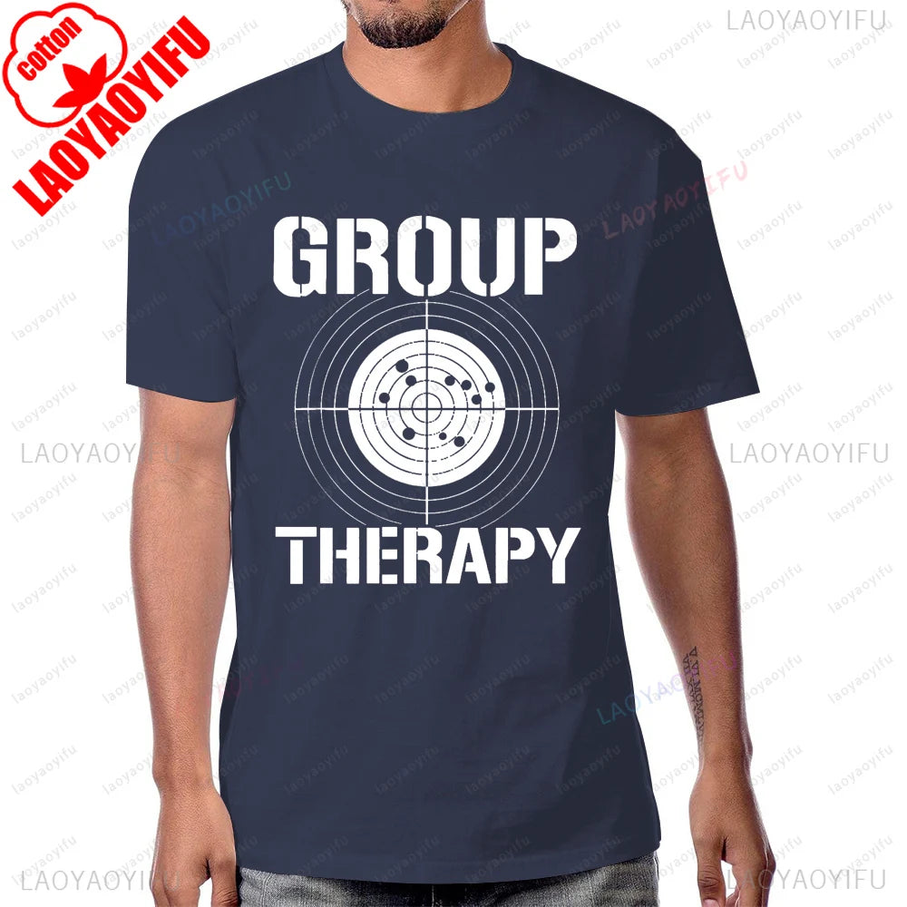 Group Therapy Shooting  Funny Gun Graphic T-Shirt Casual Fashion Loose Harajuku Man Tshirt Hip Hop Summer Short Sleeve Women Tee