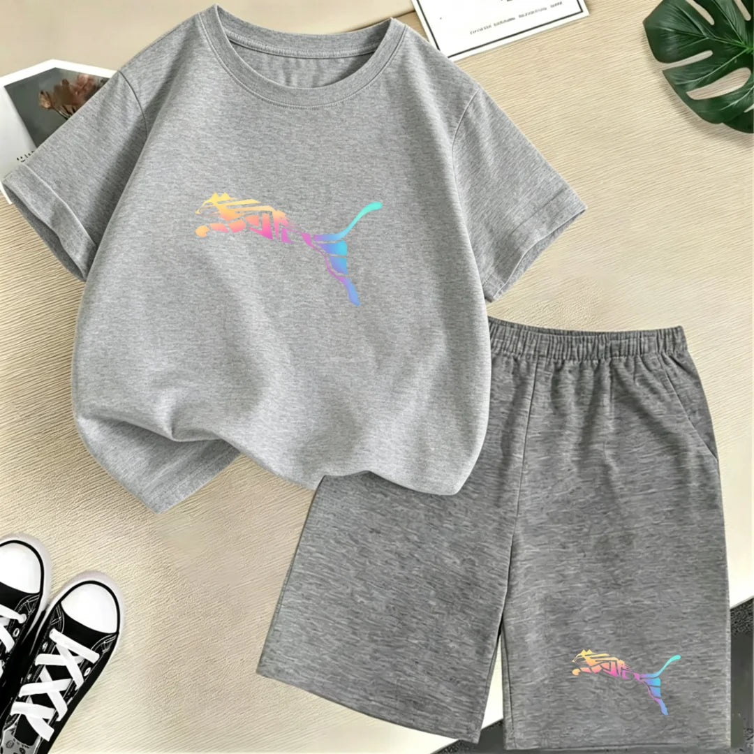 Kids Summer Casual Round Neck T-shirt Colorful Gradation Animals Boy Girl3-12Yrs Short-Sleeved+Shorts Fashion Sports Clothes Set