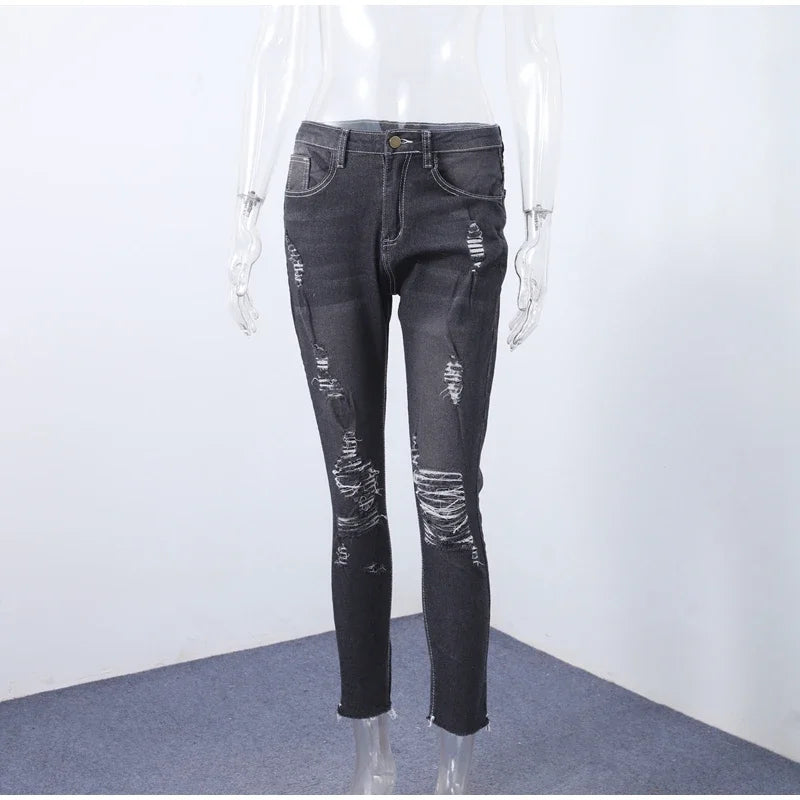 Women Ripped Jeans Low Waist Skinny Denim With Zipper Pockets Blue Y2K Summer