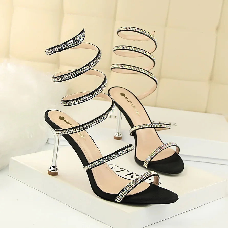 Summer Women 8.5cm High Heels Nightclub Silk Rhinestone Sandals Crystal Ankle Cross Strap Sandles Sexy Strange Gladiator Shoes