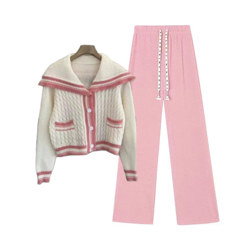 Knitted Spring Preppy Style Sailor Neck Women's Knitted Cardigan Elastic Wide Leg Pants Long Sleeve Korean Sportswear Set
