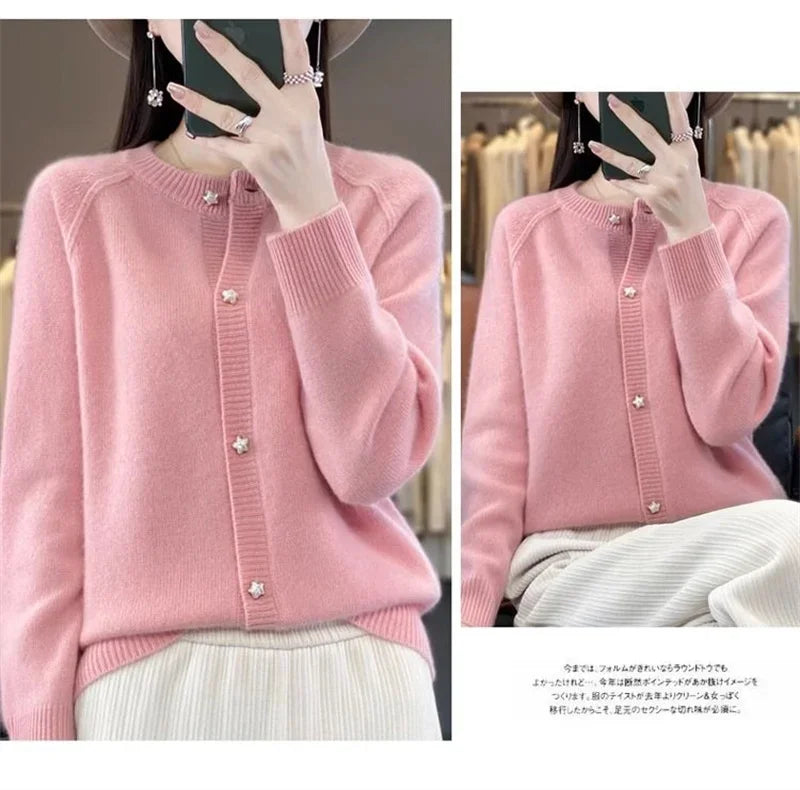 New Women Cardigan Sweater Autumn/Winter Round Neck Star Button Solid Knit Bottoming Shirt Jacket Quality Knitwear Female Tops