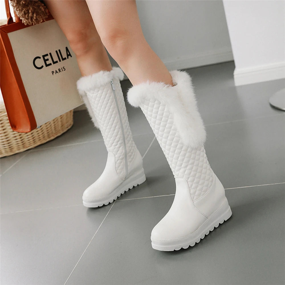 Winter Warm Fur Knee High Boots Womens Platform Snow Boots High Heels Female Padded Shoes  High Boots  Free Ship Big Size 41