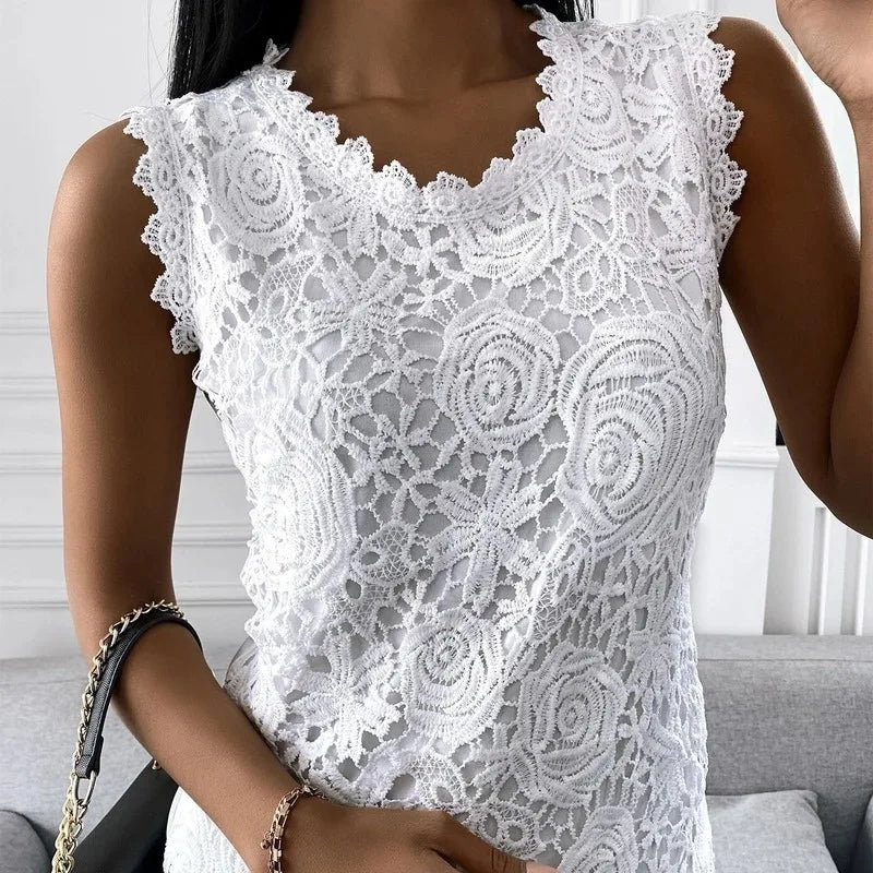 Summer Floral Lace Sleeveless Blouse O Neck Tank Top For Women Rose Pattern