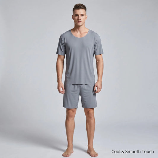 Men's Summer Loungewear Set: Ice-Silk Pajamas, Modal Seamless Round-Neck Lightweight Short-Sleeve T-Shirt, Men's Summer Clothing
