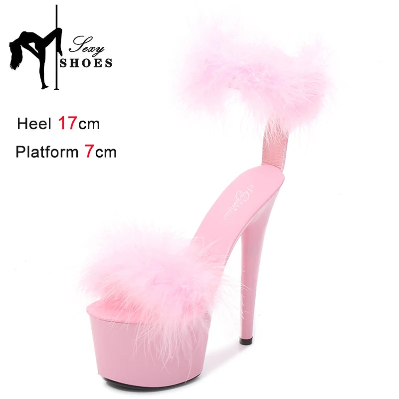 17CM Fur Womens Party Shoes Fashion 2023 Summer Sexy Exquisite Open Toe Ladies Shoes Female Stiletto Super High Heel Sandals