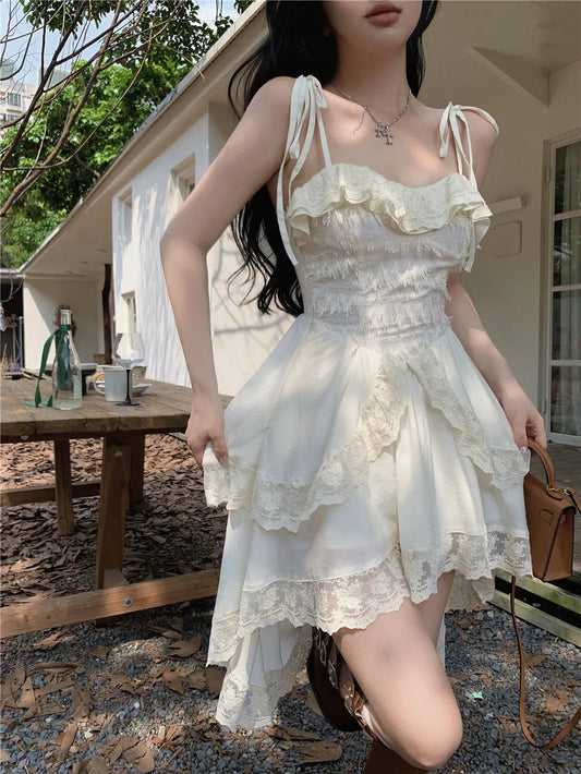 White Dresses For Women Fashion Sexy Sling Roe Femme 2025 Vestidos De Mujer Patchwork Lace Ruffles Irregular Sweet Dress