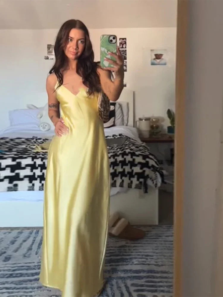 Satin Sexy Lace Spliced Maix Sling Dress Women Sleeveless Backless Yellow Vacation Vestidos 2026 Fashion Summer Lady Dresses﻿