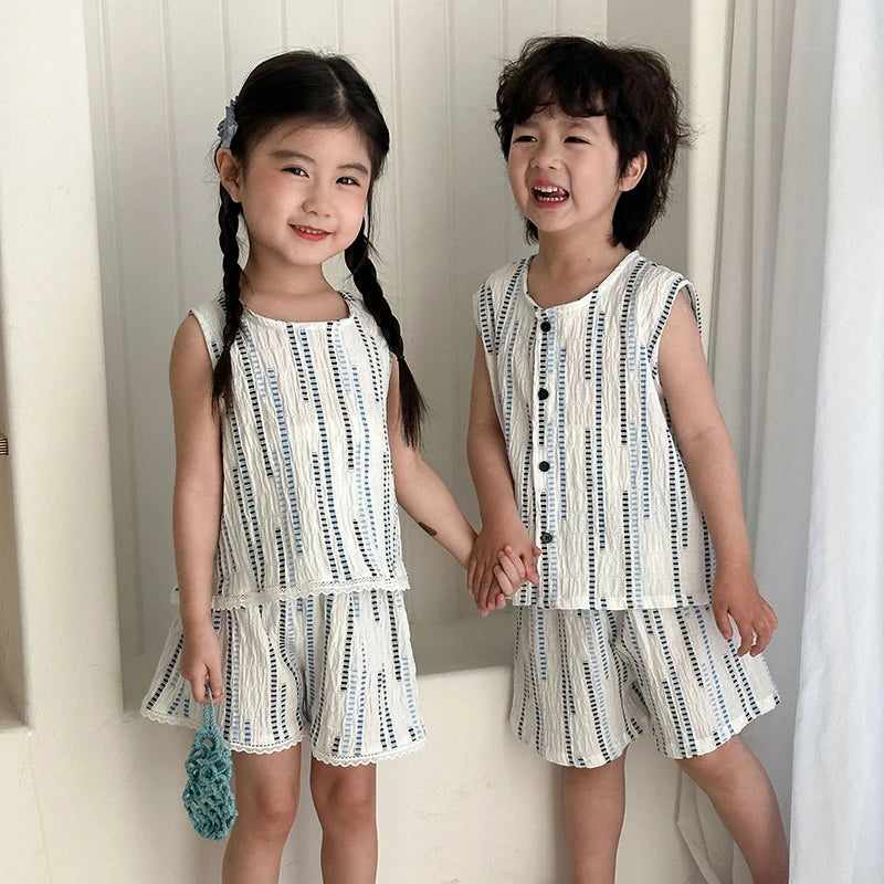 Summer Children's Vest Set Girls Lace Top Suit Kids Embroidered Striped Tank Top and Shorts 2Pcs Boys Casual Suit Sibling Outfit