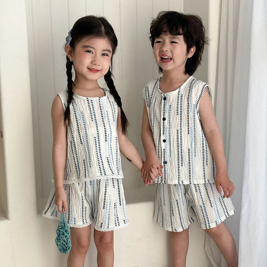Summer Children's Vest Set Girls Lace Top Suit Kids Embroidered Striped Tank Top and Shorts 2Pcs Boys Casual Suit Sibling Outfit