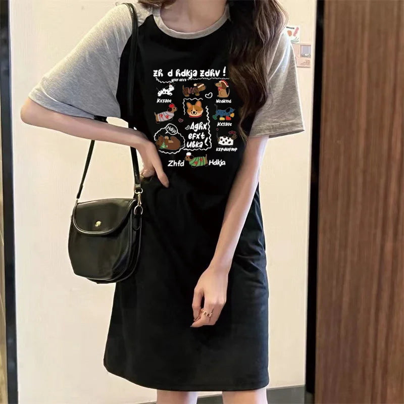 A Summer Japanese Popular Cartoon Cute Puppy Printed Loose Round-neck Short-sleeved Dress for Women