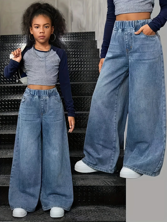 Girl's 2000s Trendy Street Style Loose and Comfortable Washed Denim Straight-Leg Pants, with Elasticized Stretch Waist