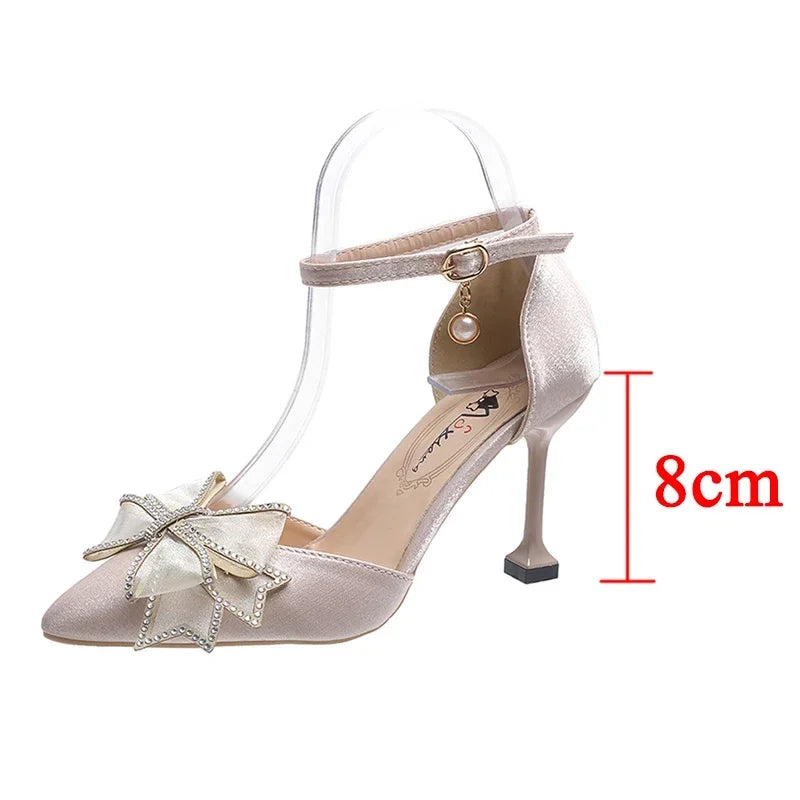 Rimocy Sexy Thin Heels Ankle Strap Pumps Women Lace Bowknot Wedding Party Shoes Woman Elegant Pointed Toe Silk High Heels Shoes