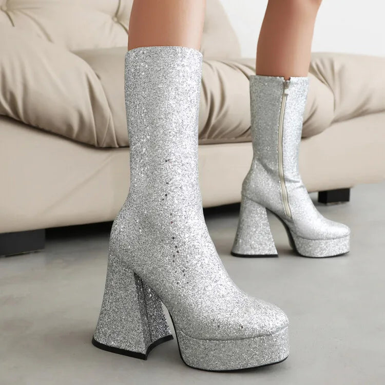 Ochanmeb Women Gold Sequins Boots Platforms Super High Chunky Heels Pink Mid-Calf Boots Gothic Zipper Woman Silver Glitter Shoes