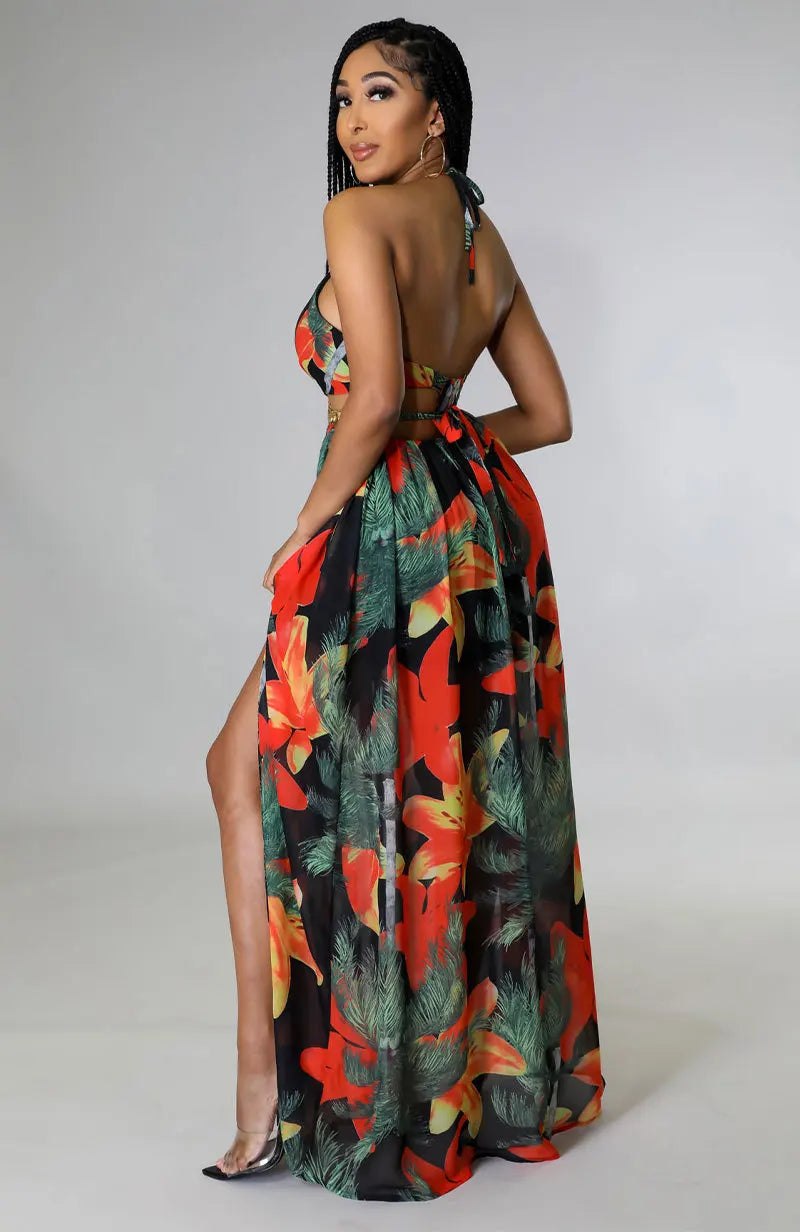 CM.YAYA Elegant Women Floral Halter V-neck Backless Cut Out Waist Chain Sleeveless High Side Split Fit Flare Maxi Long Dresses