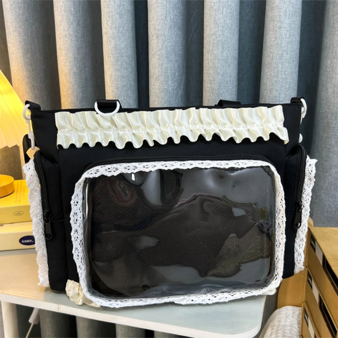 Sweet Lolita Single Shoulder Crossbody Bag Transparent Window Lace Ruffles Anime Badge Display Bag for Women