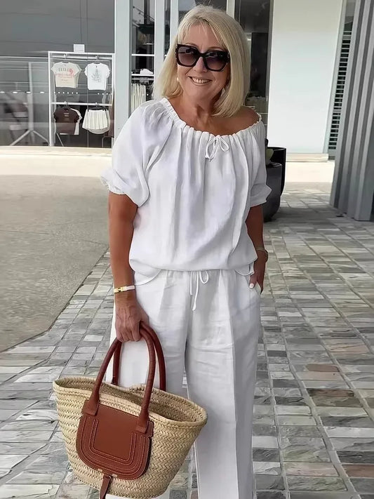 Fashion Casual Woman 2 Piece Set Outfit New Spring And Summer Women's Loose Drawstring Round Neck Top And Pants Two-piece Set