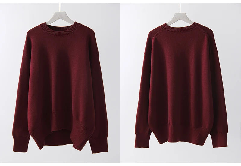 Oversize Burgundy Womens O Neck Knitwear Sweater Warm Winter Pullover